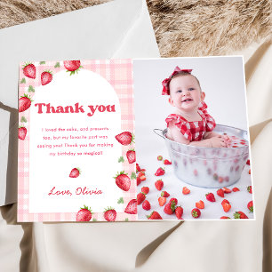 Pink Gingham Strawberry Birthday Thank You Card
