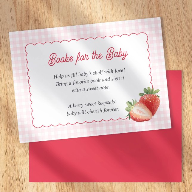 Pink Gingham Strawberry-Books for Baby Cards (Berry Sweet, Strawberry with pink gingham-Books for baby card. Spring Baby Girl shower insert card.)