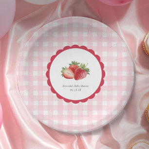Pink Gingham-Strawberry themed Baby Girl Shower Paper Plate