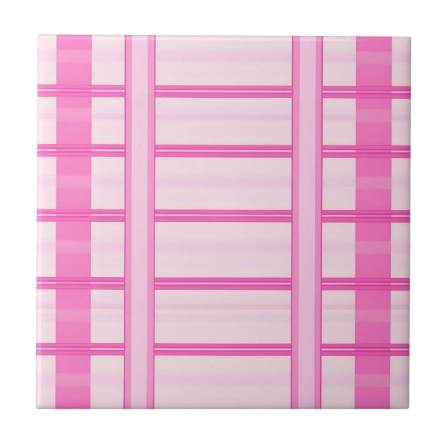 Pink Gingham Stripe Check Pattern Ceramic Tile (Front)