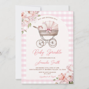 Pink Gingham Stroller Floral Girl Baby Sprinkle Invitation