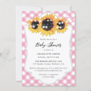 Pink Gingham Sunflower Baby Shower Invitation