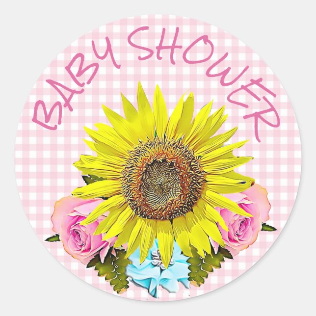 Pink Gingham Sunflower BABY SHOWER  Stickers (Front)