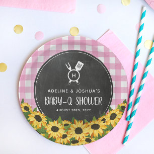 Pink Gingham Sunflowers Chalkboard Baby-Q Shower Paper Plate