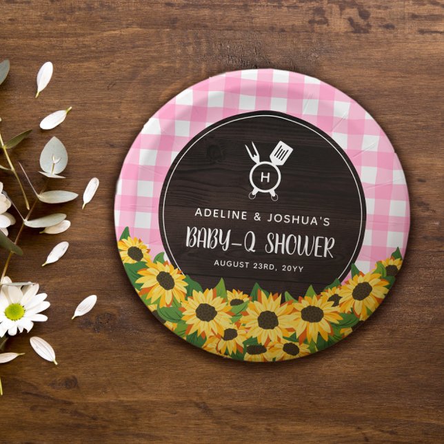 Pink Gingham & Sunflowers Rustic Baby-Q Shower Paper Plate (Creator Uploaded)