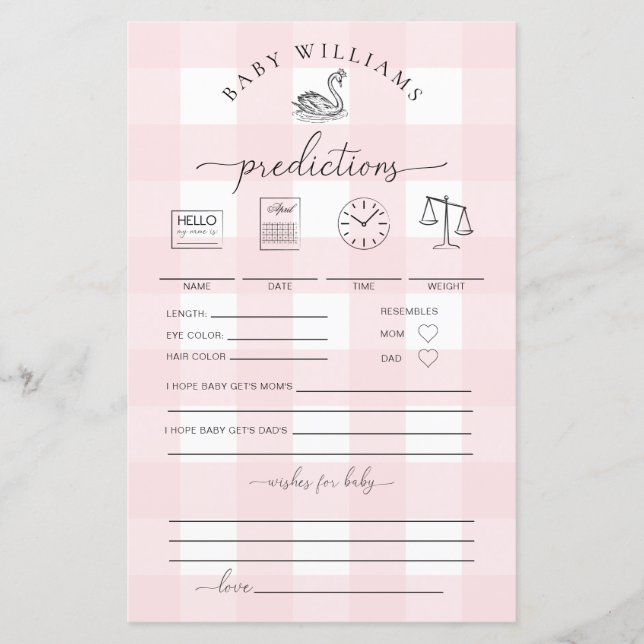 Pink Gingham Swan Baby Predictions Game (Front)
