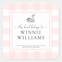 Pink Gingham Swan Bookplate Sticker