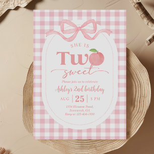 Pink Gingham Sweet Peach 2nd Birthday Invitation