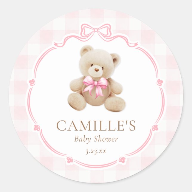 Pink Gingham Teddy Bear Baby Shower Classic Round Sticker (Front)