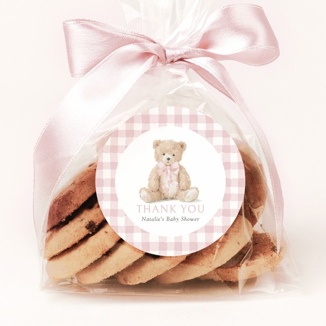 Pink Gingham Teddy Bear Baby Shower Classic Round Sticker (Creator Uploaded)