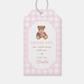Pink Gingham Teddy Bear Beary First Birthday Gift Tags