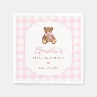 Pink Gingham Teddy Bear Beary First Birthday Napkin