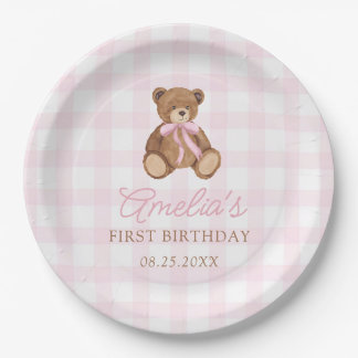 Pink Gingham Teddy Bear Beary First Birthday Paper Plate