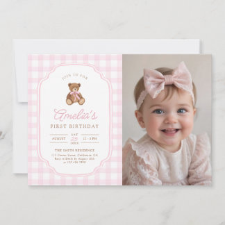 Pink Gingham Teddy Bear Beary First Birthday Photo Invitation