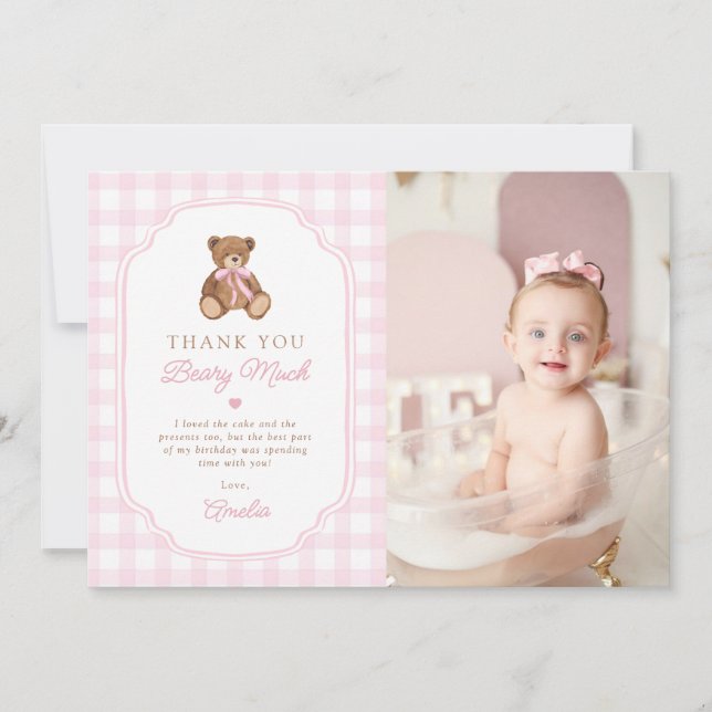 Pink Gingham Teddy Bear Beary First Birthday Photo Thank You Card (Front)
