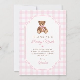 Pink Gingham Teddy Bear Beary First Birthday Thank You Card