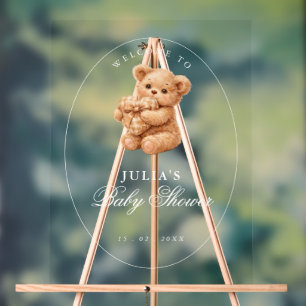 Pink Gingham Teddy Bear Neutral Baby Shower Acrylic Sign