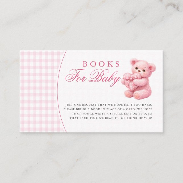 Pink Gingham Teddy Bear Neutral Baby Shower Enclosure Card (Front)