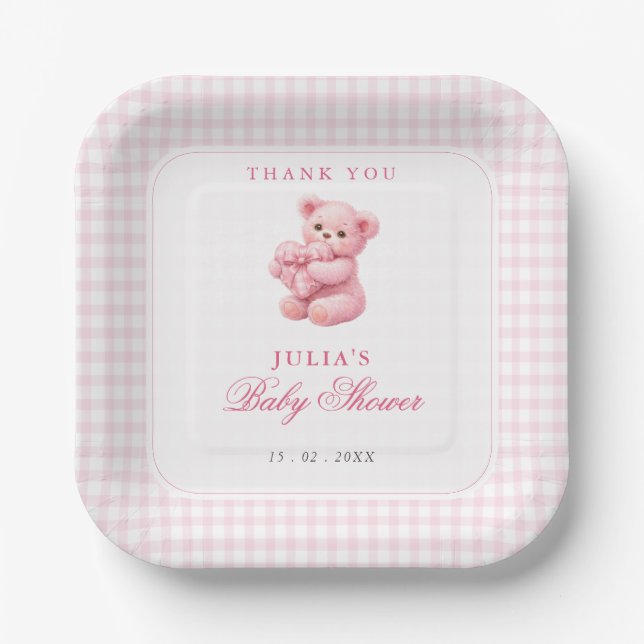 Pink Gingham Teddy Bear Neutral Baby Shower Paper Plate (Front)