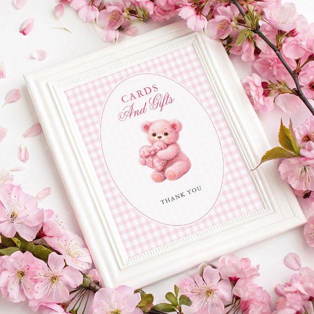Pink Gingham Teddy Bear Neutral Baby Shower Poster (Creator Uploaded)