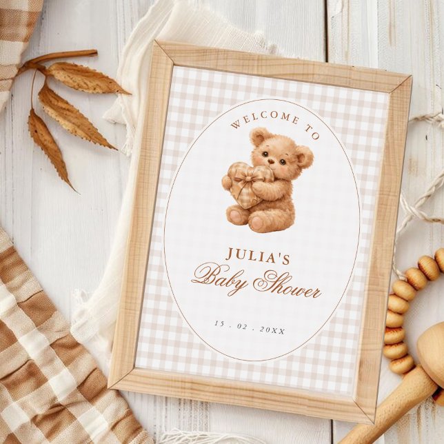 Pink Gingham Teddy Bear Neutral Baby Shower Poster (Creator Uploaded)