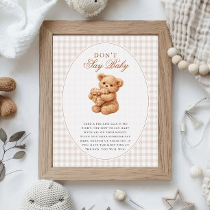 Pink Gingham Teddy Bear Neutral Baby Shower Poster