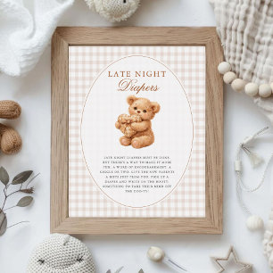 Pink Gingham Teddy Bear Neutral Baby Shower Poster