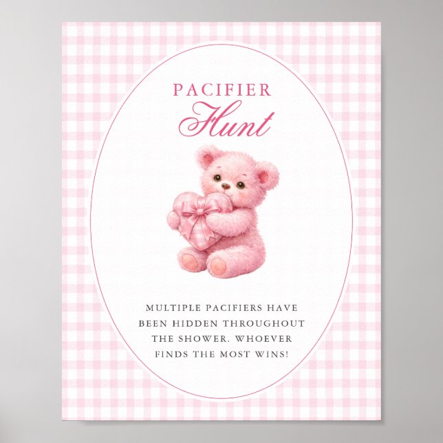 Pink Gingham Teddy Bear Neutral Baby Shower Poster (Front)