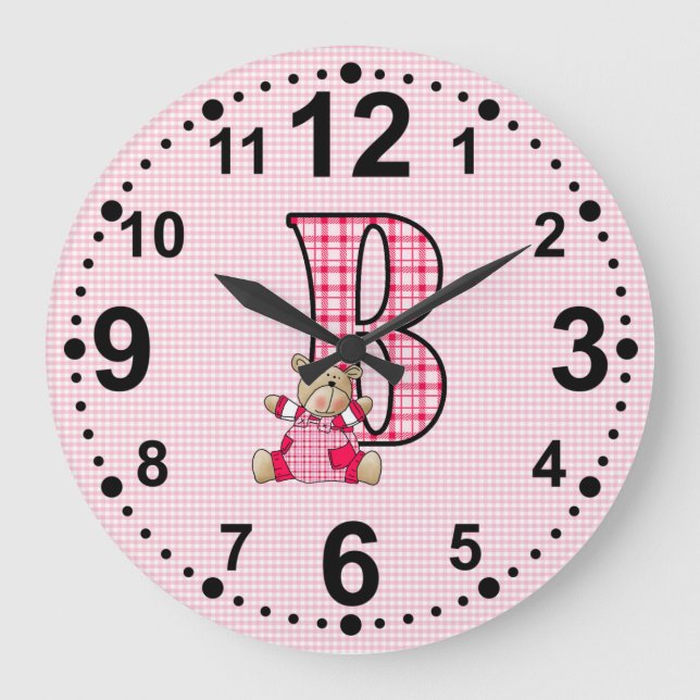 Pink Gingham Teddy Bear with Letter B Bold Numbers Large Clock (Front)