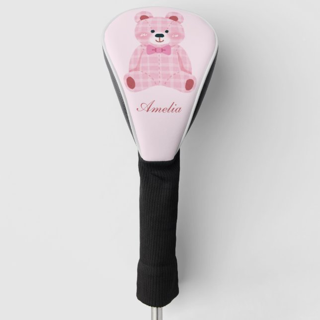 Pink Gingham Teddy Golf Head Cover (Front)
