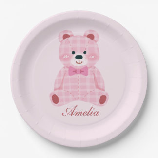 Pink Gingham Teddy Paper Plate