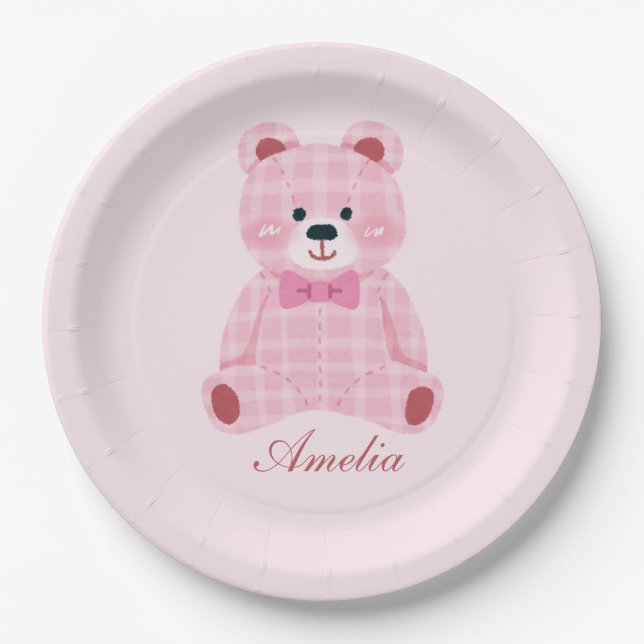 Pink Gingham Teddy Paper Plate (Front)