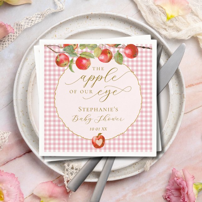 Pink Gingham The Apple Of Our Eye Fall Baby Shower Napkin (Creator Uploaded)