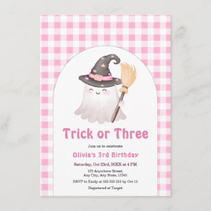 Pink Gingham Trick or Three Halloween 3rd Birthday Invitation