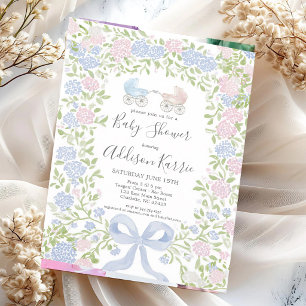 Pink Gingham Twins Baby Carriage Shower Invitation