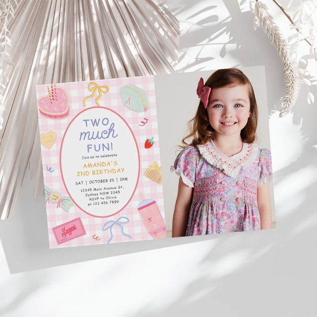 Pink Gingham "Two Much Fun" 2nd Birthday Photo Invitation (Creator Uploaded)