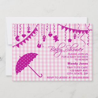Pink Gingham umbrella baby shower invitations