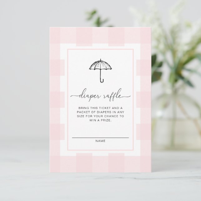 Pink Gingham Umbrella Diaper Raffle Enclosure Invitation (Standing Front)