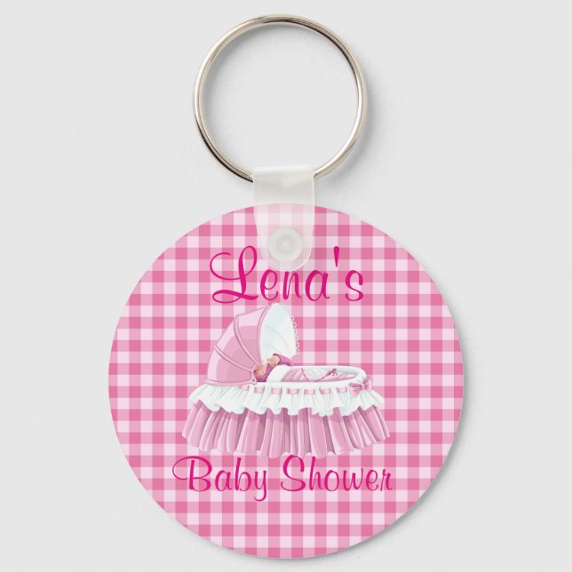 Pink Gingham Vintage Baby RuffledBassinet Keychain (Front)