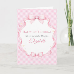 Pink Gingham Watercolor Bow Girl Birthday Card