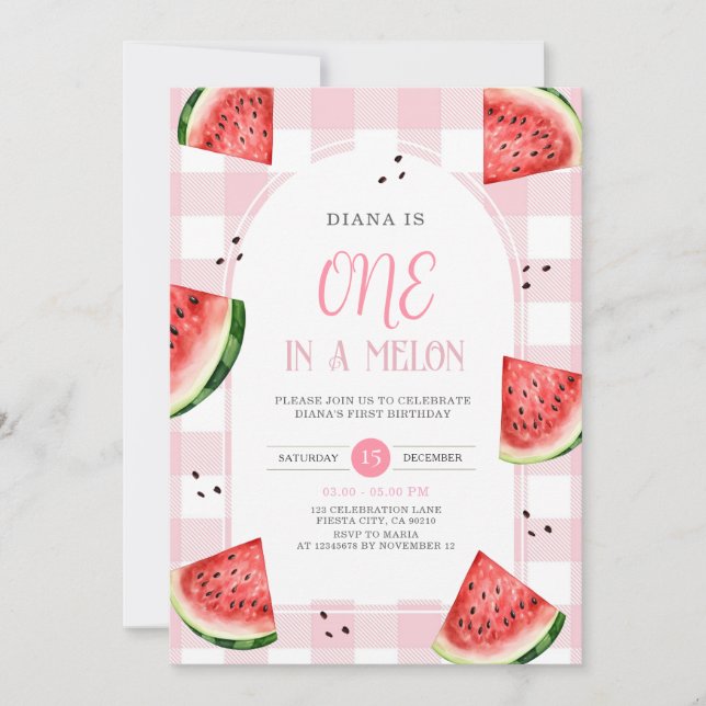 Pink Gingham Watermelon First Birthday Invitation (Front)