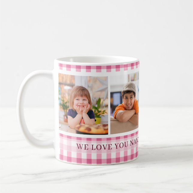 Pink Gingham We Love You Nana 4 Photo Collage Coffee Mug (Left)