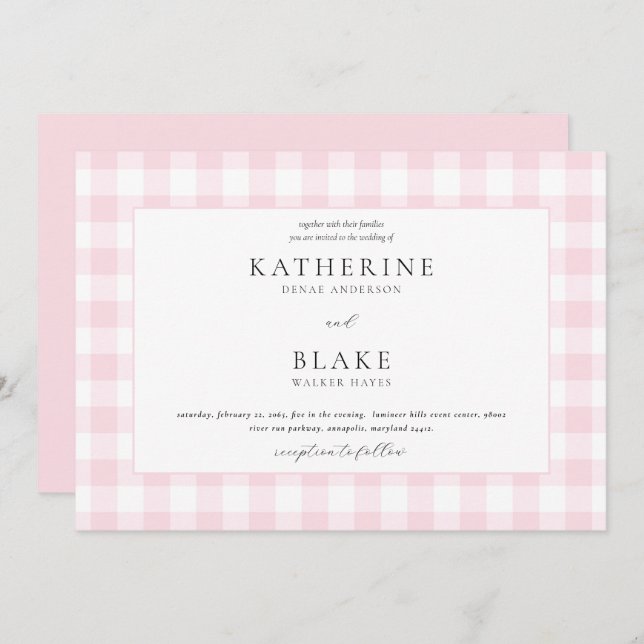 Pink Gingham Wedding Invitation (Front/Back)