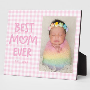 Pink Gingham Whimsical Heart Best Mum Ever Plaque