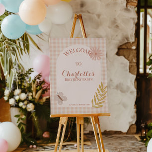 Pink Gingham Wildflower Birthday Welcome Sign