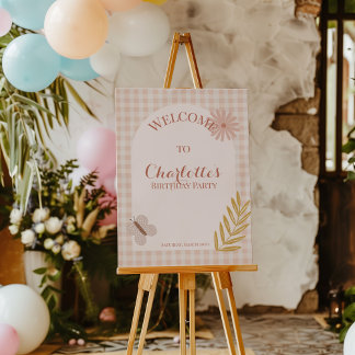 Pink Gingham Wildflower Birthday Welcome Sign