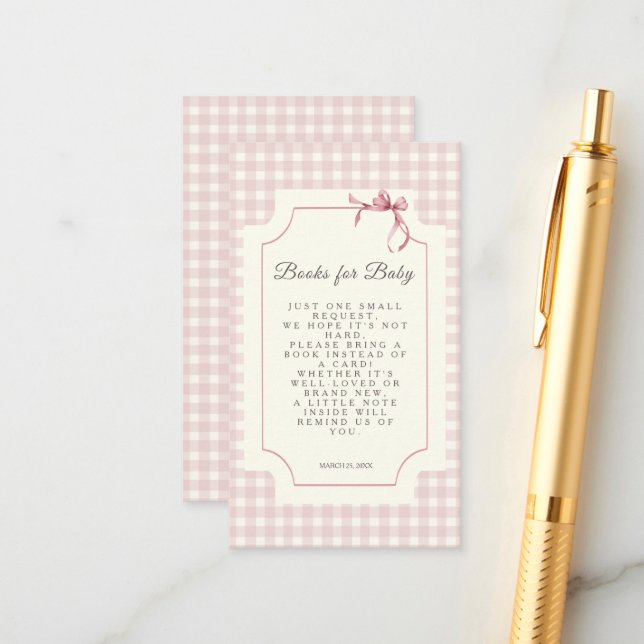 Pink Gingham  with Bow Baby Shower Book Request Enclosure Card (Front/Back In Situ)