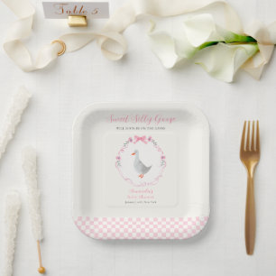 Pink Gingham Woodland Silly Goose Girl Baby Shower Paper Plate