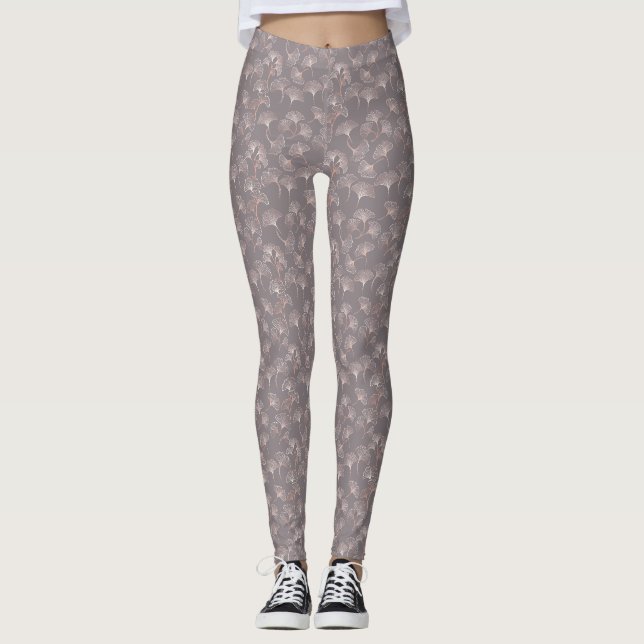 Pink Ginkgo Leaf Botanical Pattern Leggings (Front)