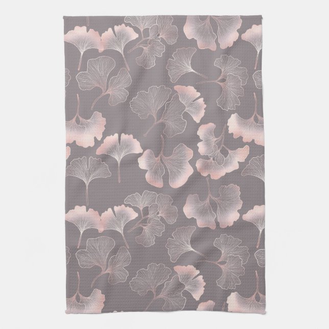 Pink Ginkgo Leaf Botanical Pattern Tea Towel (Vertical)